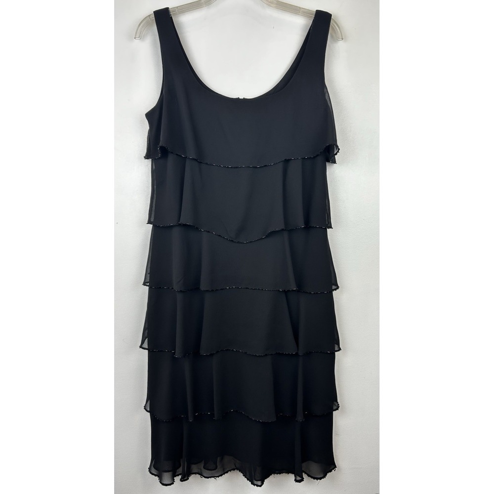 Patra Evening Dress Womens 8 Black Tiered Layered Chiffon Beaded Event Cocktail
